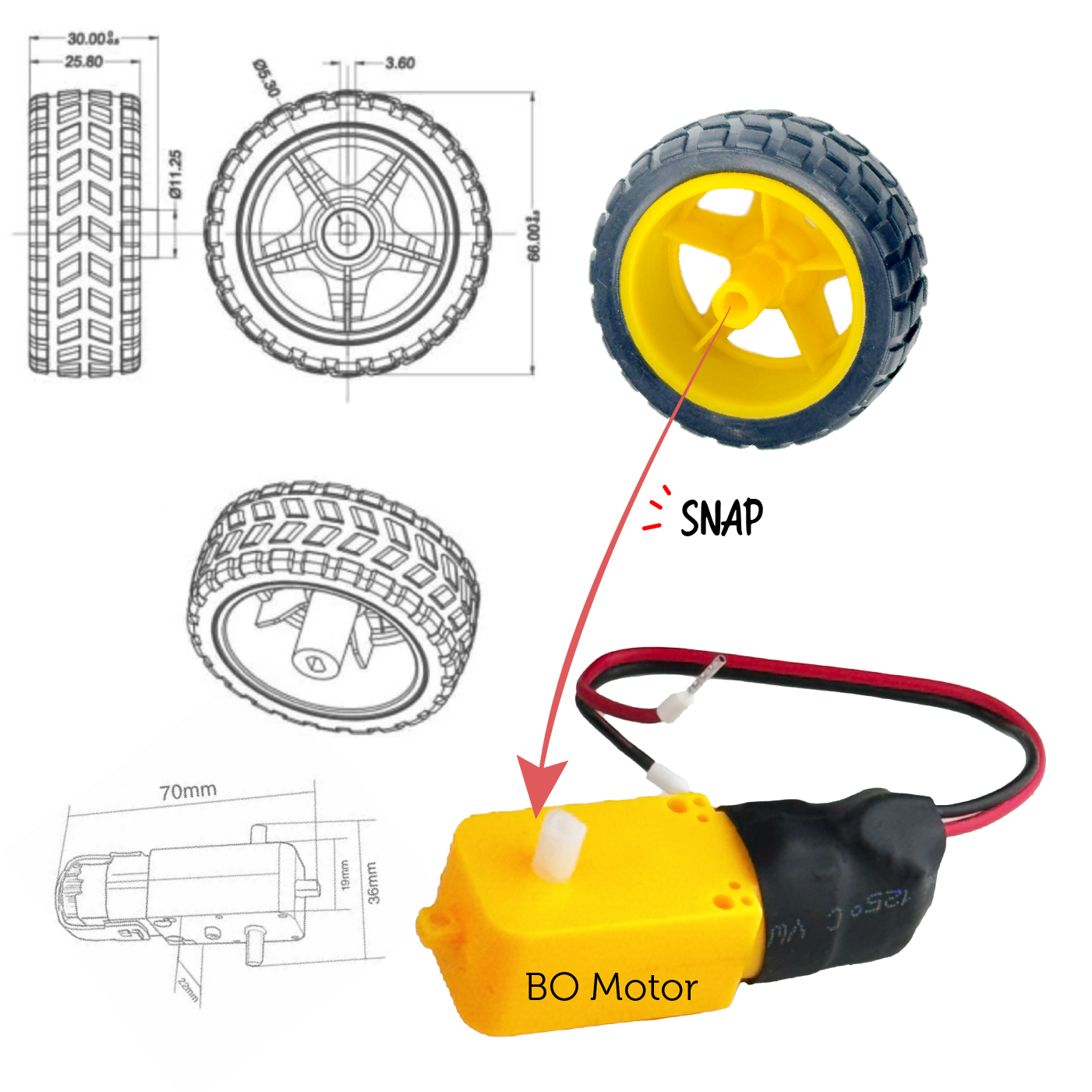 Wheel for BO Motors 65mm Dia x 26mm Width - 4 Pcs